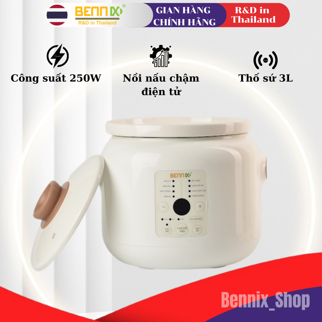 Nồi Nấu Chậm Điện Tử, Nấu Cháo, Kho Cá, Ninh Hầm.. BENNIX BN-30SLC, Thố Sứ 3L, Bảo Hành 2 Năm