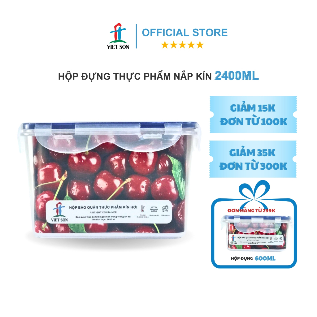 Hộp Đựng Thực Phẩm Việt Son 2400ml Nắp Khóa 4 Cạnh Kín Hơi