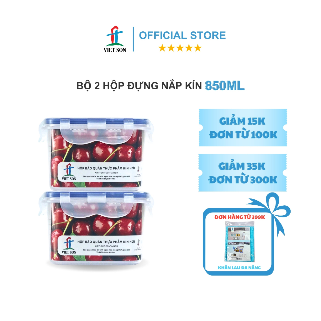 Bộ 2 Hộp Đựng Thực Phẩm Việt Son 850ml Nắp Khóa 4 Cạnh Kín Hơi