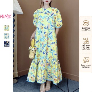 Đầm Baby Doll MIMIX Váy Nữ Cổ Tròn Họa Tiết In Hoa Tay Ngắn Dáng Dài Viền Lai 3 Màu ES8210