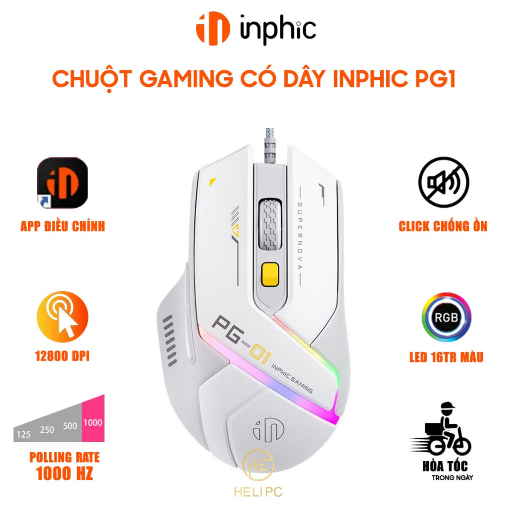 Chuột có dây gaming Inphic PG1 12800 DPI chuyên game FPS hỗ trợ App led RGB 16 triệu màu Macro
