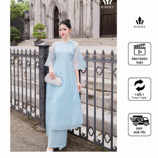 RIMMY - NGỌC LAM Áo dài xanh thiết kế thêu đính thủ công hoạ tiết hoa bướm đính đá