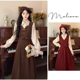 Đầm liền 1 mảnh nữ màu đỏ, nâu cổ khóa ngang xinh  xắn dáng dài thanh khí chất phong cách Douyin thu đông giáng sinh tết