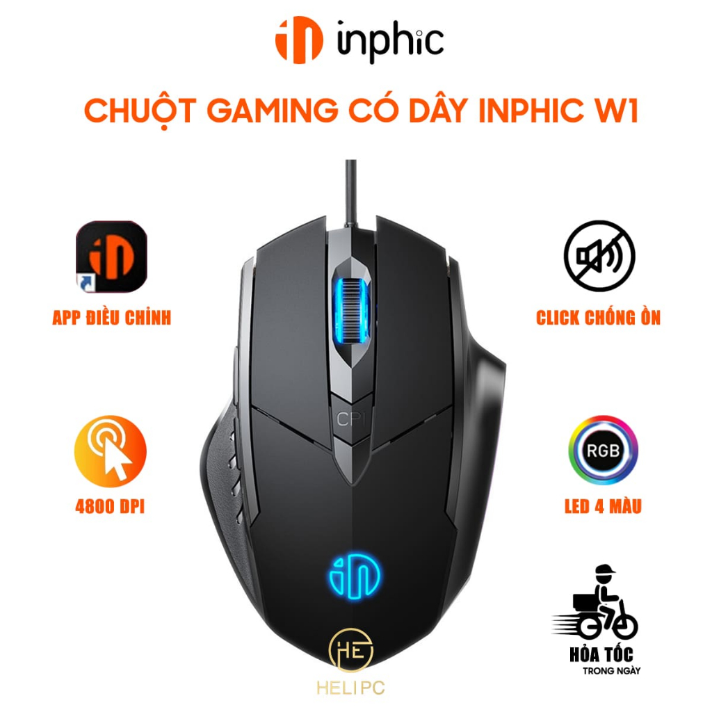 Chuột có dây gaming Inphic W1 siêu rẻ 4800 DPI App điều chỉnh Macro Ghìm tâm Autotab không tiếng ồn