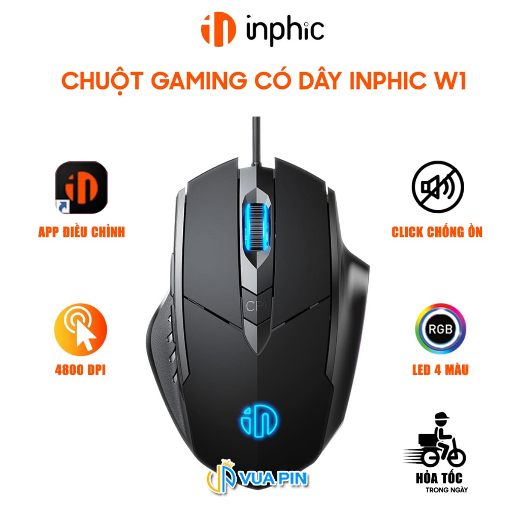 Chuột gaming có dây Inphic W1 siêu rẻ 4800 DPI App điều chỉnh Macro Ghìm tâm Autotab không tiếng ồn