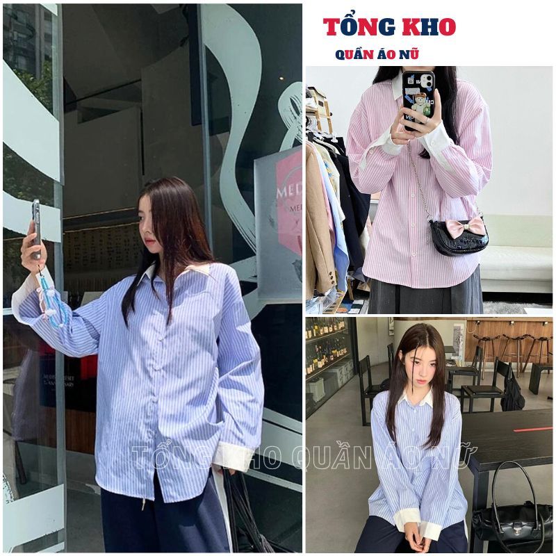 Áo Sơ Mi Kẻ Sọc Dài Tay Phối Cổ Trắng, Áo Sơmi Form Rộng Thoáng Mát Tiểu Thư Điệu Đà