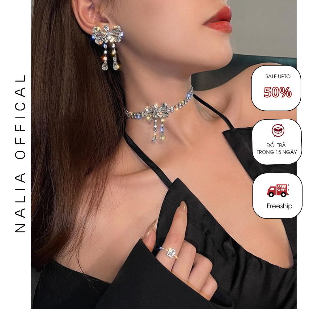 NALIA DC369 - SET dây chuyền, khuyên tai đá hình nơ siêu đẹp