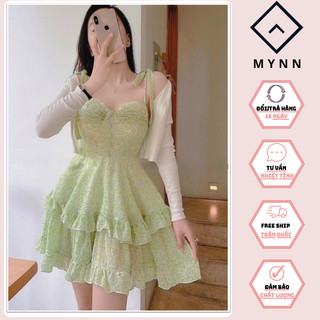 Đầm voan nữ hai dây váy xòe xếp tầng kèm áo khoác ngoài xinh xắn