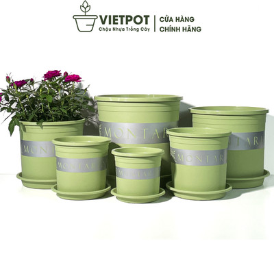 Chậu nhựa trồng cây VIETPOT, xanh Mint MONTARIO, kiểng lá, hoa hồng, để bàn, ban công sân vườn.