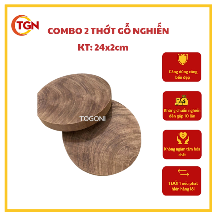 [Tiết kiệm 41k] COMBO - 2 THỚT GỖ NGHIẾN TRÒN TOGONI D24 x 2cm - thớt thái