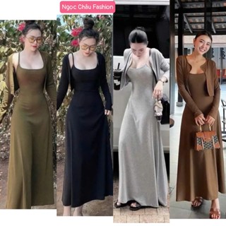 [KÈM CLIP/ẢNH THẬT] Set đầm maxi hai dây dáng dài vải thun tăm kèm khoác tay dài 4 màu form <54kg