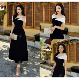 Váy tiểu thư trễ vai , đầm đen thiết kế xoắn vai trước dáng xòe dài sang trọng đi chơi, đám cưới, tiệc