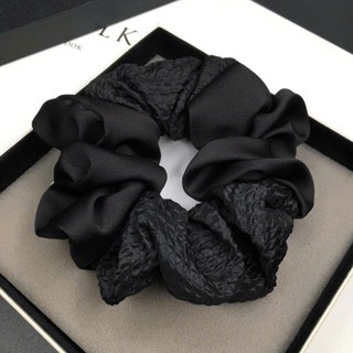 Dây cột tóc scrunchy vải lụa satin kết hợp gấm màu đen dây buộc tóc scrunchies vintage đơn giản