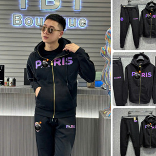 Bộ Nỉ Nam Paris Họa Tiết Logo Phối Sườn Đỏ Siêu Đẹp - Bộ Quần Áo Nam Paris Chất Nỉ Dày Dặn Cao Cấp