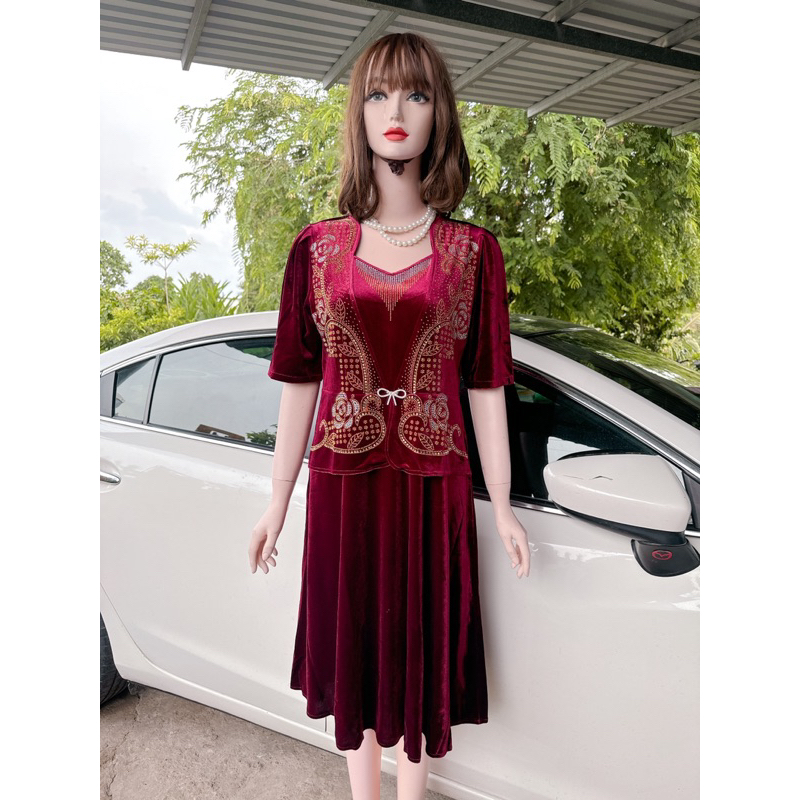 Đầm nhung trung niên đi tiệc hoa ép đá dáng vest che bụng bigsize 75kg, Đầm trung niên đi tiệc vải n