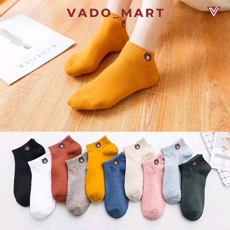 Set 10 Đôi Tất Gấu, Vớ Cotton Mềm Cổ Thấp Màu Trơn Dễ Phối Đồ Thời Trang Cho Nữ