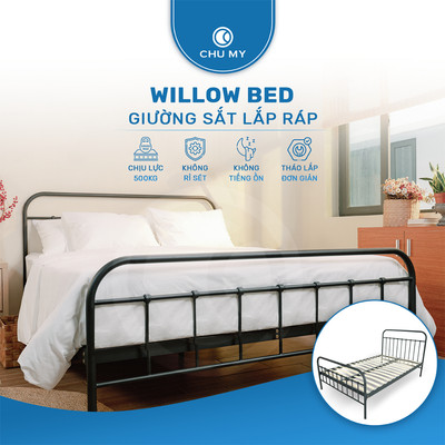Giường khung Sắt WILLOW CHU MY - Khung Thép Sơn Tĩnh Điện, Chân Chắc Chắn, Dễ Lắp Ráp, Màu Đen/Trắng