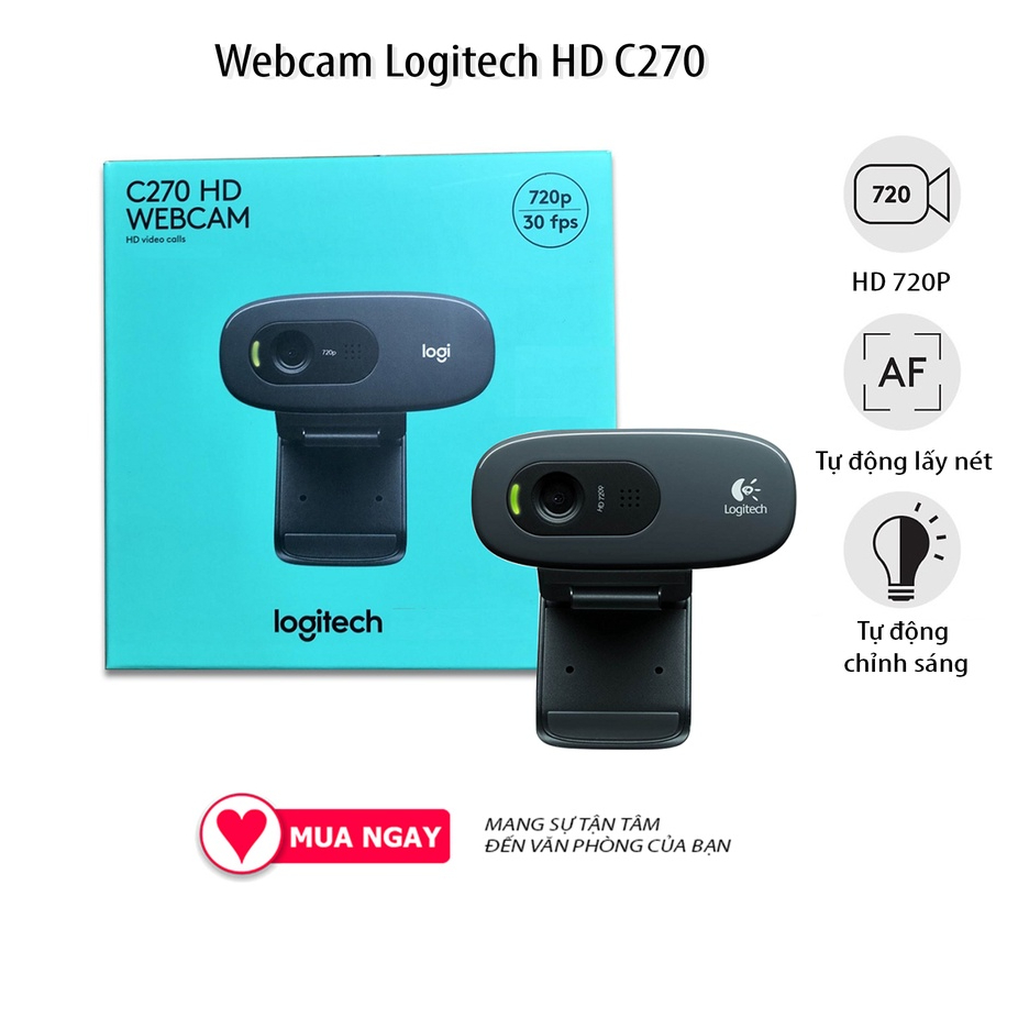 Webcam Logitech C270 HD Gọi, học, họp trực tuyến, tích hợp micro, tự động lấy nét, video rõ nét