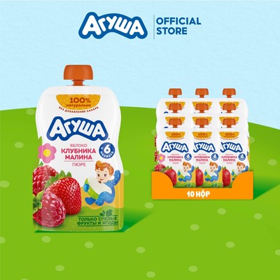 Thùng 10 Gói Trái cây nghiền vị táo, dâu tây và mâm xôi Agusha 90g dành cho bé từ 6 tháng trở lên