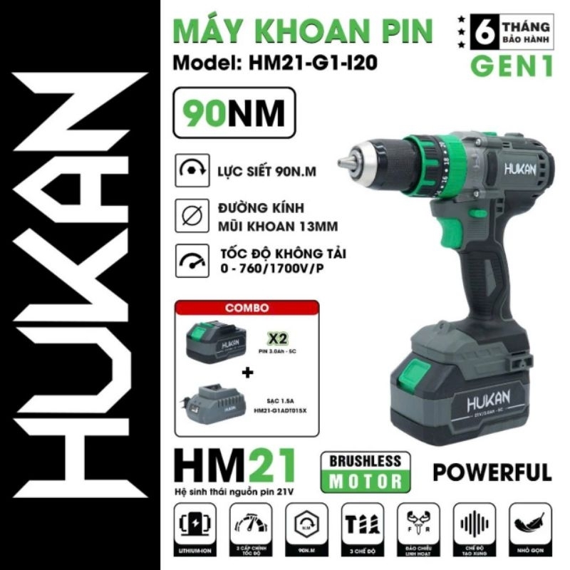 Máy khoan pin HUKAN HM21-G1-I20, Lực siết 90Nm, Động cơ Không chổi than, 3 chức năng 13mm, Đầu autol