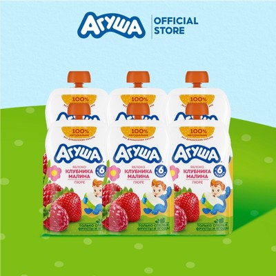 Combo 6 Gói Trái cây nghiền vị táo, dâu tây và mâm xôi Agusha 90g/gói dành cho bé từ 6 tháng trở lên