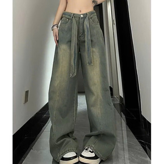 Quần bò jeans nữ ống rộng, quần bò phom dài gân giữa phối dây đai to tôn eo phong cách retro
