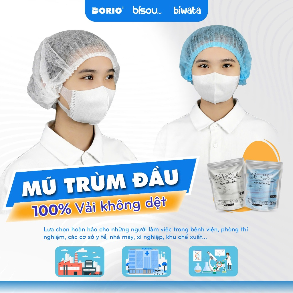 Mũ trùm đầu vải không dệt hiệu BISOU túi 50 cái
