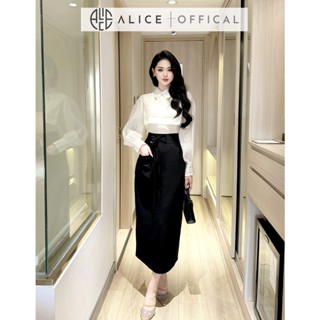 Set Áo Sơ Mi Dài Tay Tơ Óng Có Yếm Và Chân Váy Dáng Dài Alice Chất Mango Eo Thắt Hoa Thanh Lịch Công Sở S708