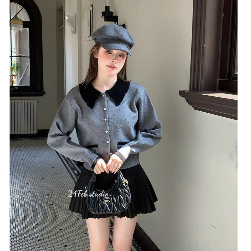  Áo Len Dài Tay Cổ Bẻ Croptop Áo Khoác Len Cardigan Xám Tay Bồng Phối Màu Tiểu Thư Jo''Store 