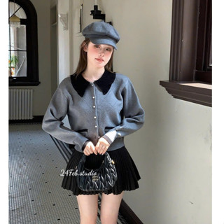 Áo Len Dài Tay Cổ Bẻ Croptop, Áo Khoác Len Cardigan Xám Tay Bồng Phối Màu Tiểu Thư Jo''Store