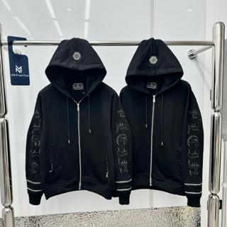 Áo khoác hoodie zip nam nữ Philipp Plein thêu chữ dọc tay mix 2 khoá zip ống phối logo sắt mũ HZ64P