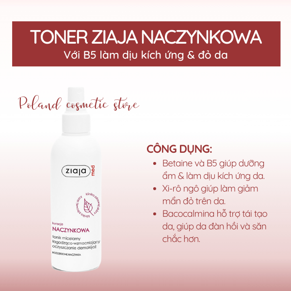Sữa Rửa Mặt & Nước Hoa Hồng Ziaja Naczynkowa dịu mẩn đỏ, giảm kích ứng, làm lành da và làm sạch cho da nhạy cảm 200ml