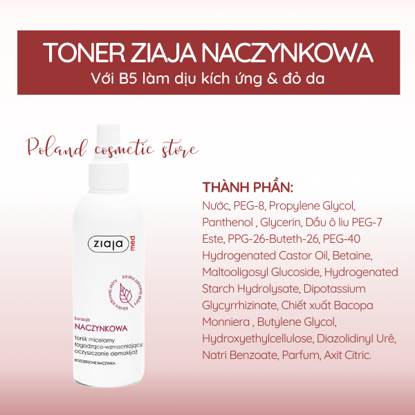Sữa Rửa Mặt & Nước Hoa Hồng Ziaja Naczynkowa dịu mẩn đỏ, giảm kích ứng, làm lành da và làm sạch cho da nhạy cảm 200ml