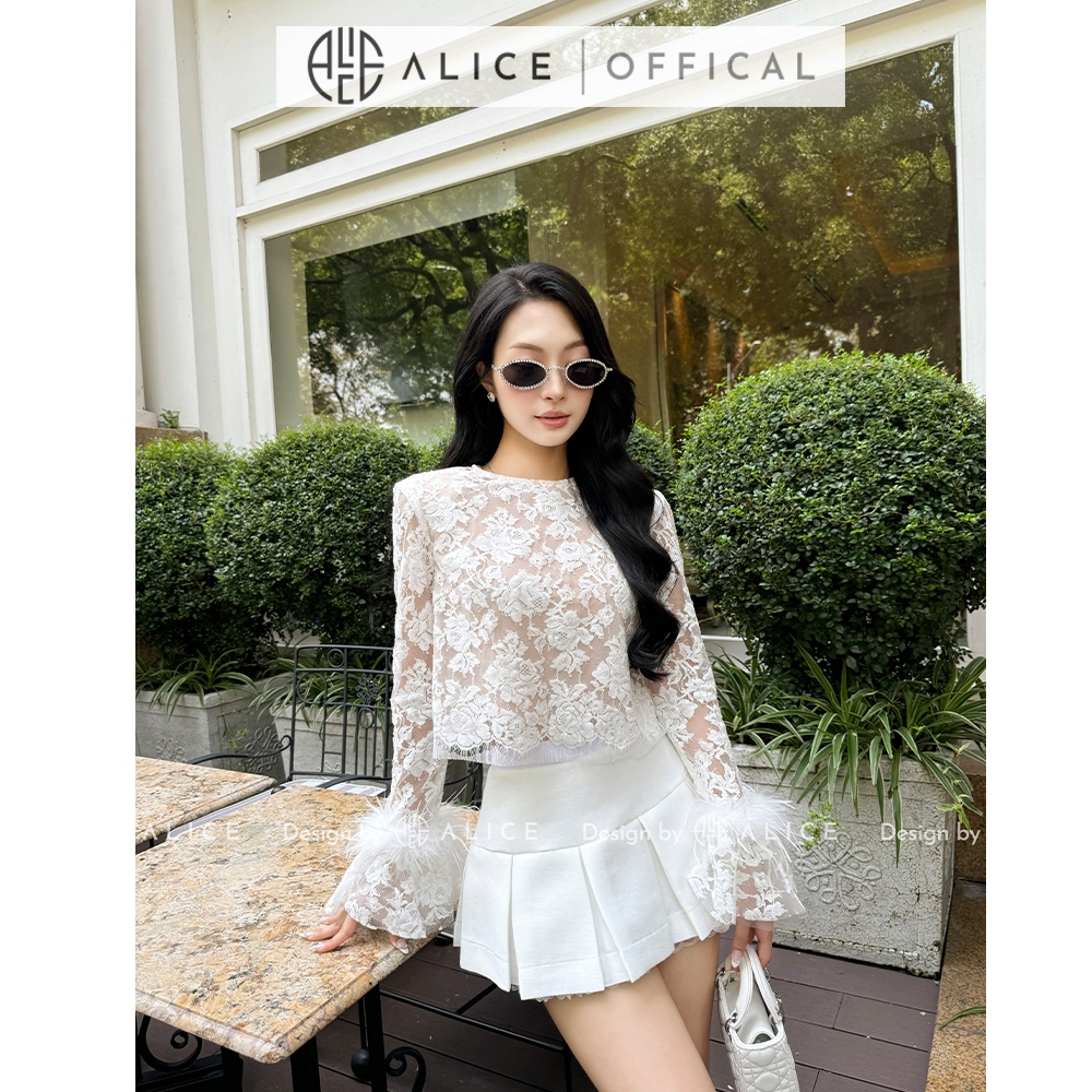 Set Váy Áo Ren Tay Phối Lông Vũ Và Chân Váy Ngắn Tafta Tre Alice Cao Cấp Có Lót Lụa S720