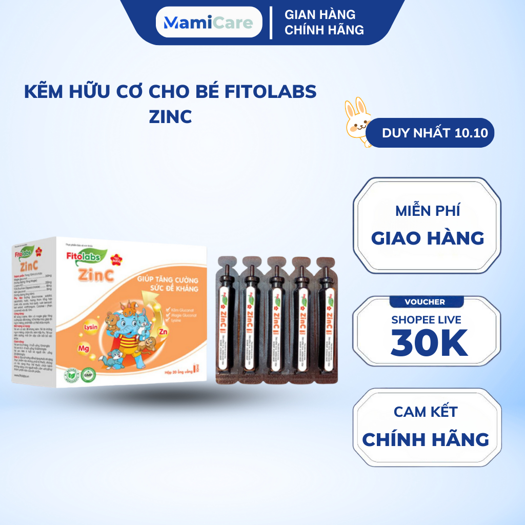 Kẽm Hữu Cơ Cho Bé Fitolabs ZinC Cho Bé Giúp Tăng Sức Đề Kháng, Kích Thích Ăn Ngon, Hấp Thu Tốt Hộp 20 Ống FITO10