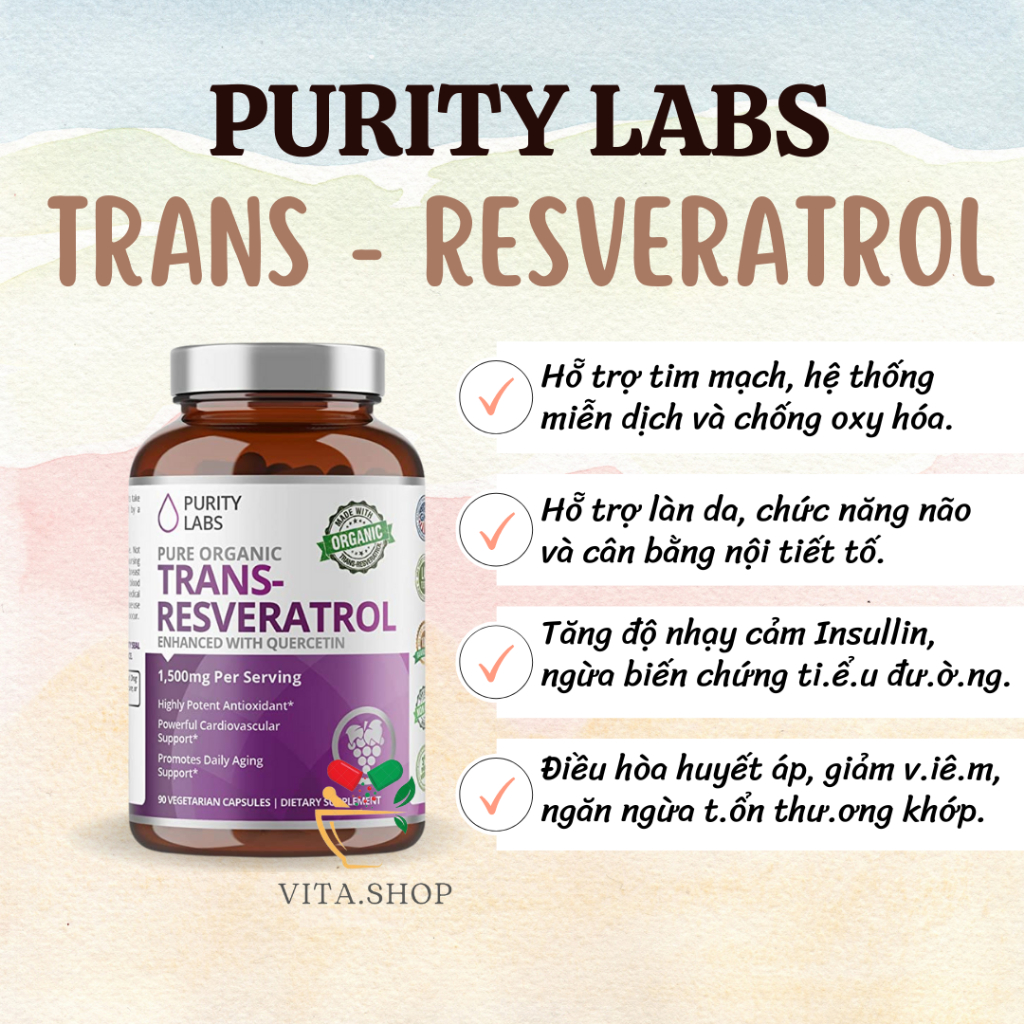 Purity Labs Pure Organic Trans-Resveratrol 1500mg viên hỗ trợ nội tiết tố,tim mạch,chống lão hóa