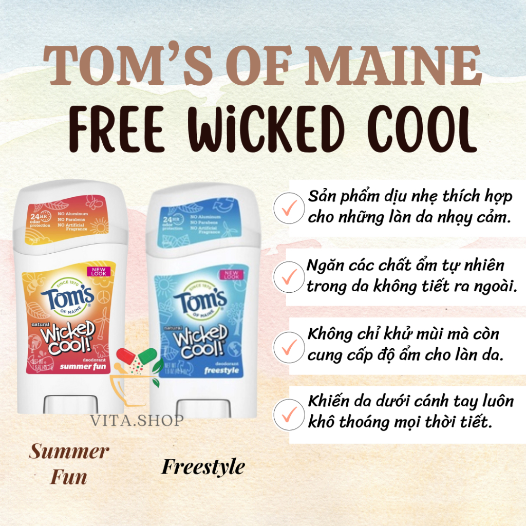 Lăn nách khử mùi cho trẻ em, ngăn tiết mồ hôi Tom’s of Maine Aluminum-Free Wicked Cool! Natural Deodorant for Kids