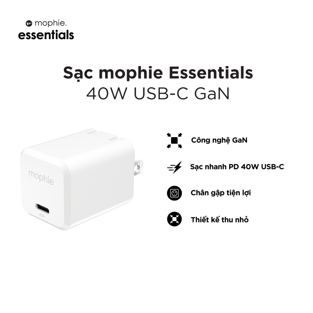 Mophie Sạc nhanh PD 45W/40W Type-C công nghệ GAN dành cho IP/Sam/iPad/Mac air, cáp bọc dù cao cấp | BigBuy360 - bigbuy360.vn