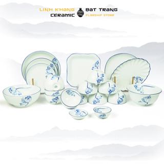 Bộ Bát Đĩa Gốm Sứ Bát Tràng Linh Khang  Men Trắng Họa Tiết Hoa Sen Xanh Vẽ Tay
