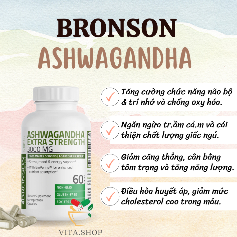 Viên Uống Nhân Sâm Giúp Giảm Căng Thẳng, Tăng Năng Lượng Bronson Ashwagandha 3000mg 60 viên