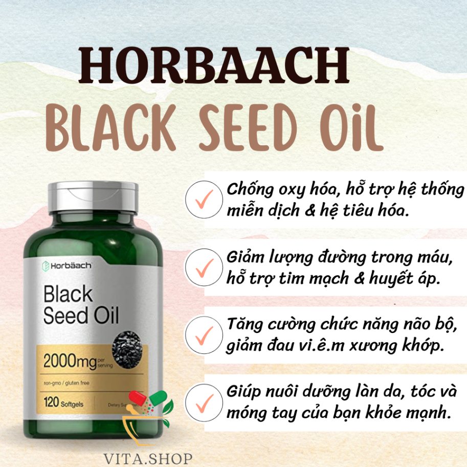Viên uống dầu hạt thì là đen chống oxy hóa và giảm viêm Horbaach Black Seed Oil 2000mg 120 viên