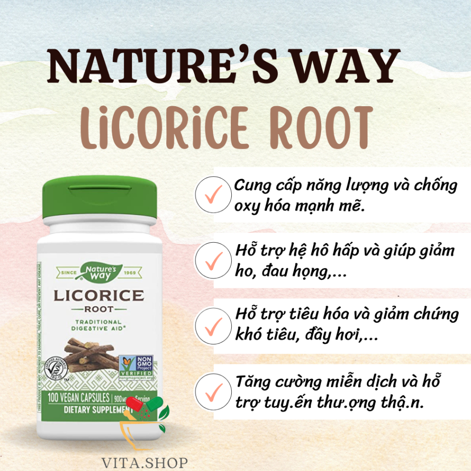 Nature's Way Licorice Root 900mg Viên uống rễ cam thảo hỗ trợ tiêu hóa, tuyến thượng thận và hô hấp