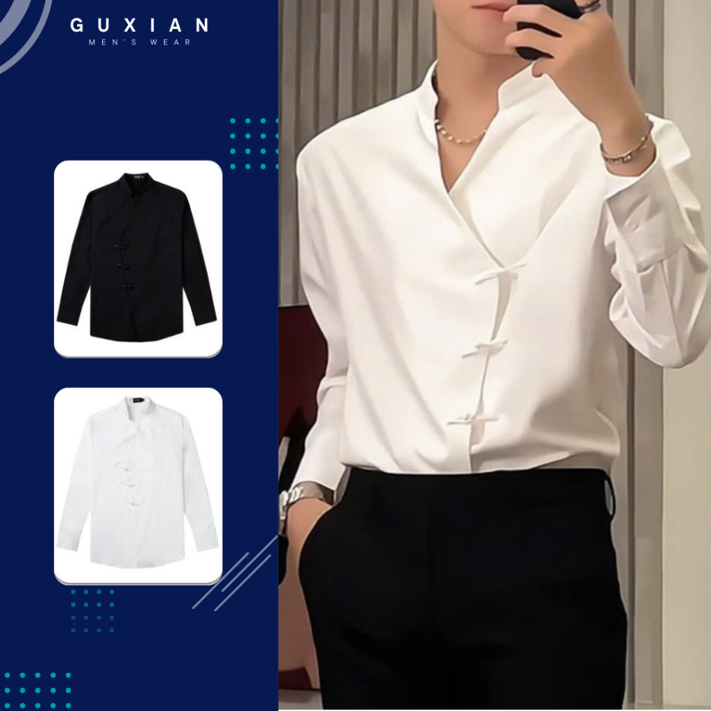 Áo Sơ Mi Nam Cúc Tàu Cổ Tàu Oversize GUXIAN Dài Tay Thiết Kế Cúc Đính Cá Tính phong cách trung hoa