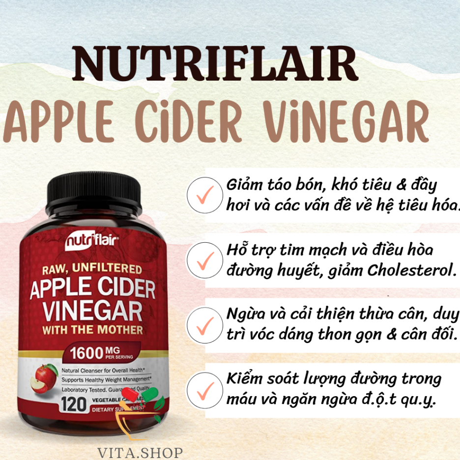 NutriFlair Apple Cider Vinegar 1600mg - Viên uống giấm táo hỗ trợ giảm cân, quản lý cân nặng 120viên
