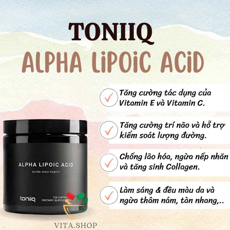 Toniiq Alpha Lipoic Acid 1000mg - Viên uống trắng sáng da, chống lão hóa và ổn định lượng đường 120v