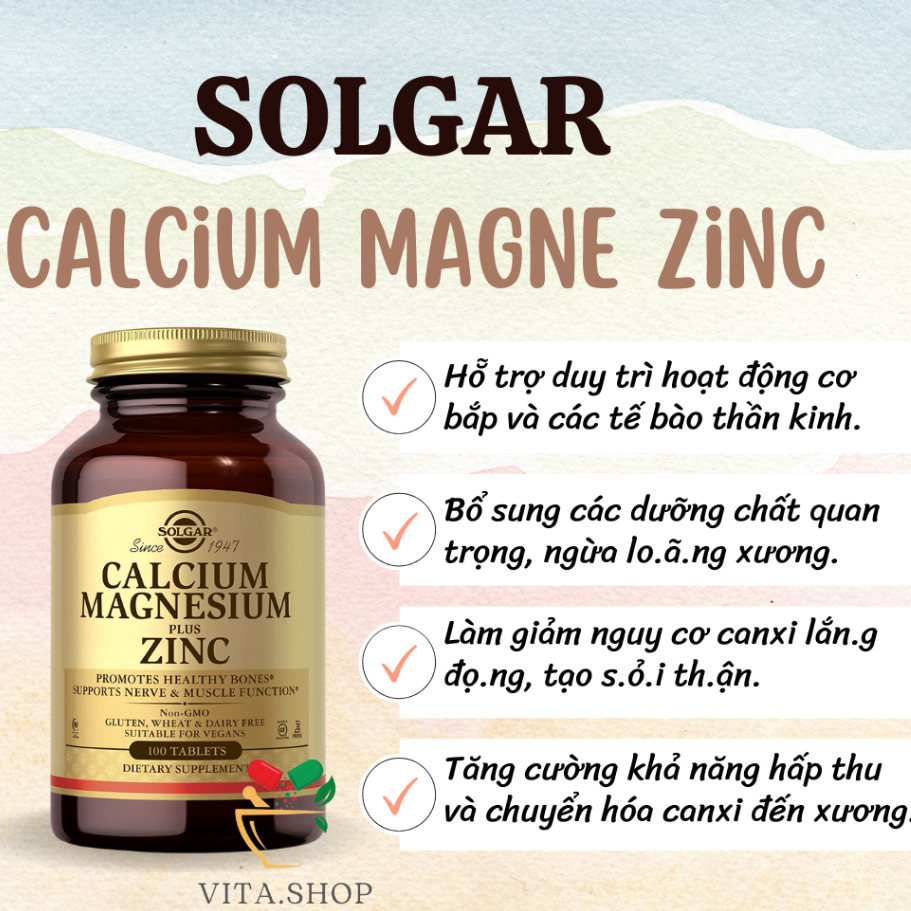 Viên Uống Bổ Sung Khoáng Chất, Tăng Miễn Dịch, Hỗ Trợ Xương Khớp Solgar Calcium Magnesium Plus Zinc