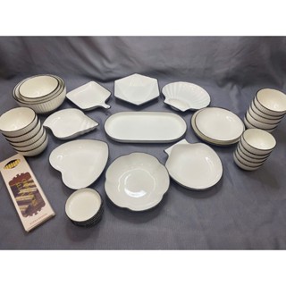 Bộ SỌC TRẮNG VIỀN ĐEN tô, chén, dĩa lẻ món dùng làm bàn ăn, decor, trang trí