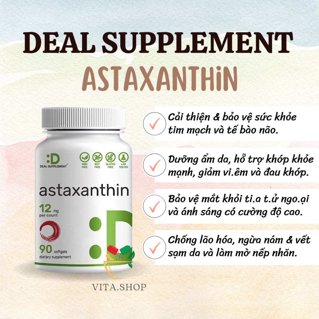 Deal Supplement Astaxanthin 12mg - Viên uống chống oxy hóa, đẹp da, hỗ trợ mắt và miễn dịch 90 viên