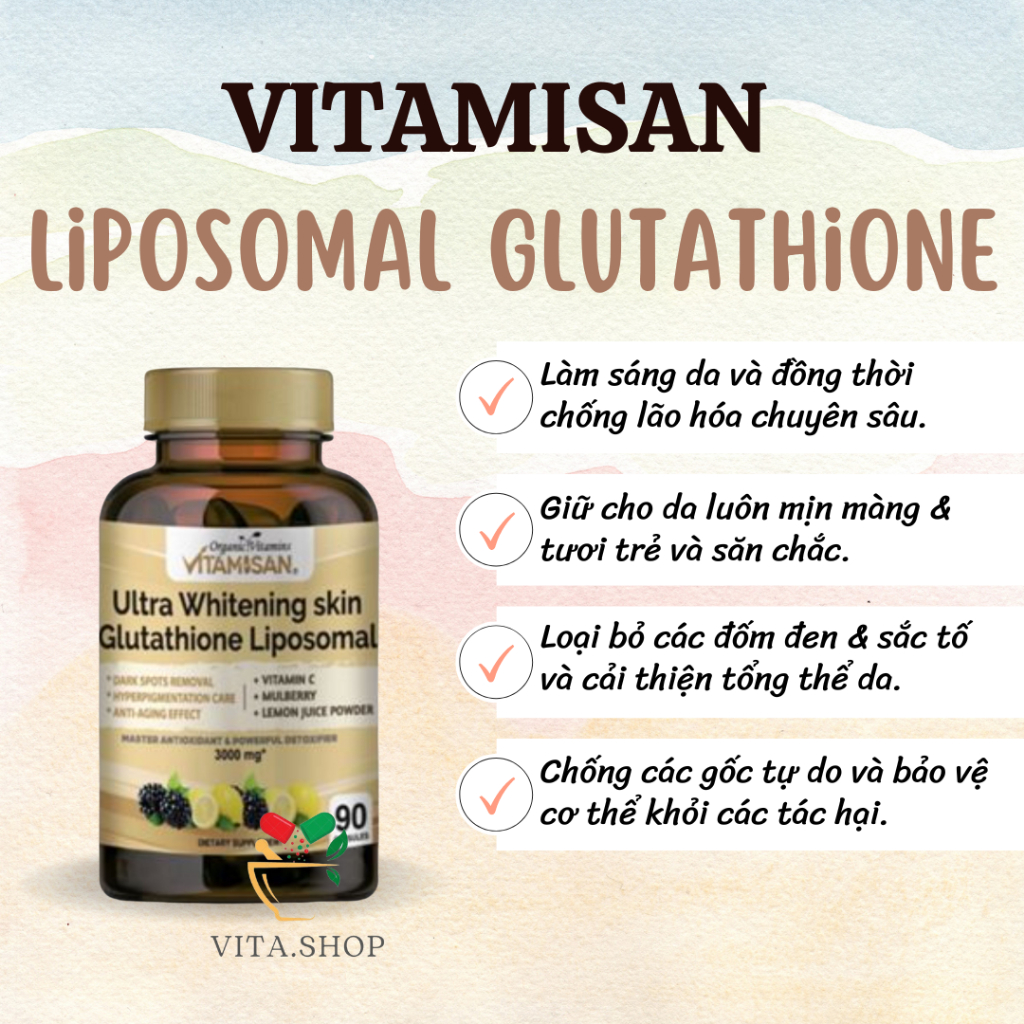Vitamisan Ultra Whitening Skin Glutathione Liposomal 3000mg - Viên uống giúp sáng da, chống lão hóa