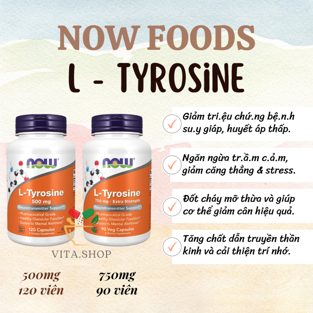 Viên uống Now L-Tyrosine 500mg hỗ trợ giảm căng thẳng, stress cải thiện trầm cảm, ổn định tuyến giáp